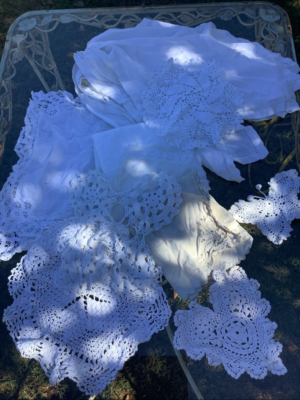 Large Group of Antique White Table Linens + Doilies